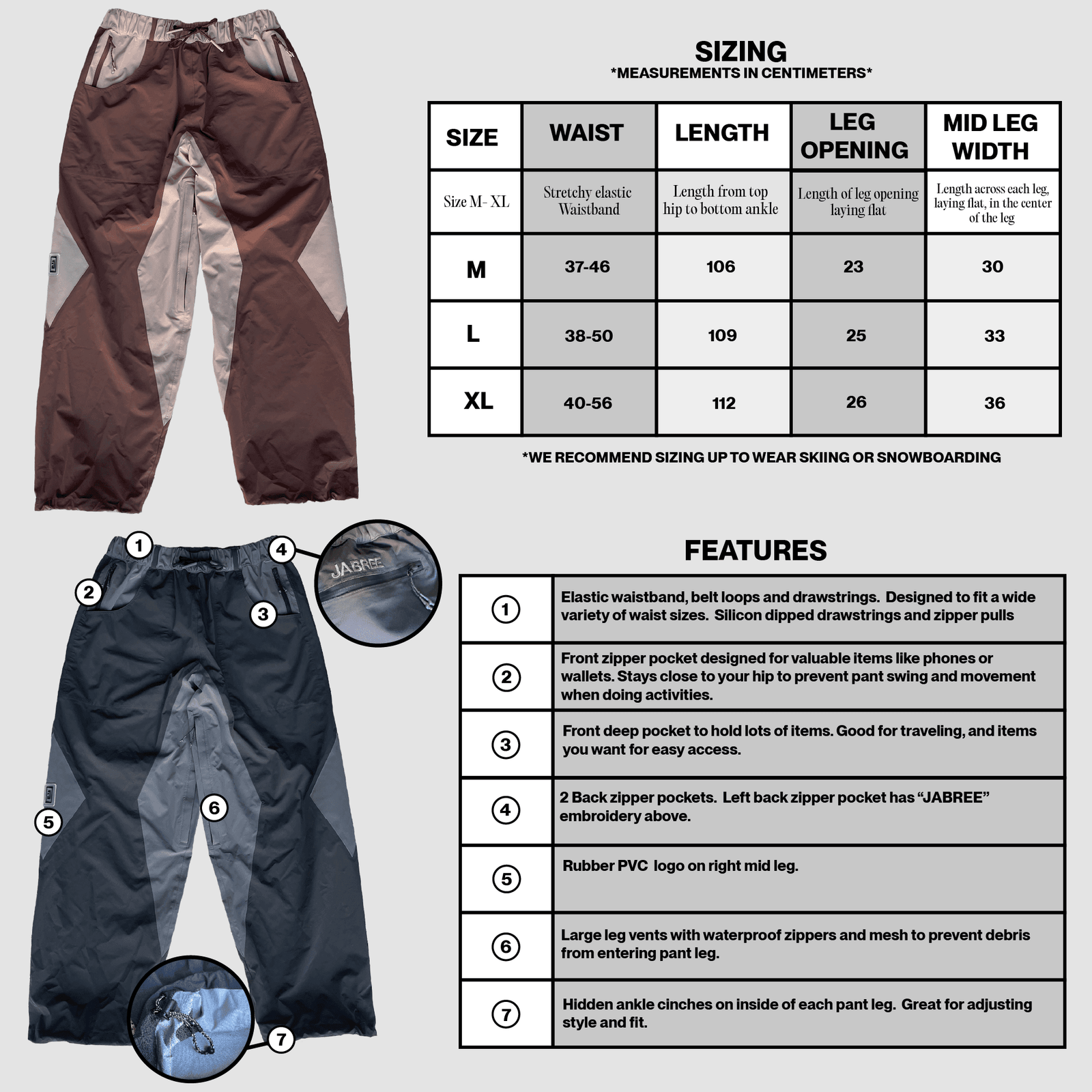 sizing chart for the prism pant. A baggy snowboard pant made by the brand called "jabree"
